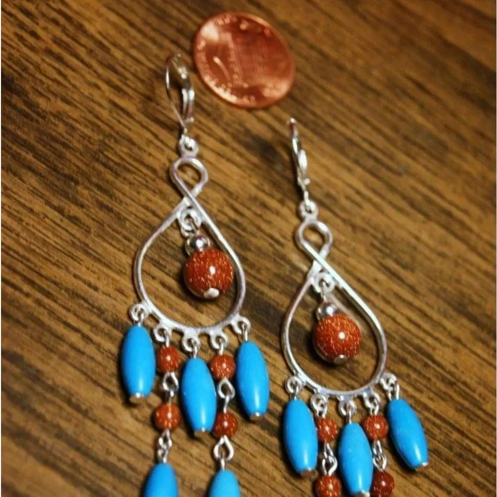 Handmade Silver Sky Blue Chalk Turquoise & Goldstone Chandelier Dangle Earrings